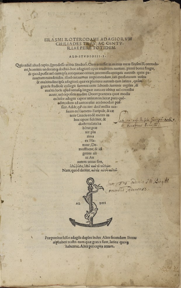 Erasmus' title page for "Adagia" Aldine Press, 1508